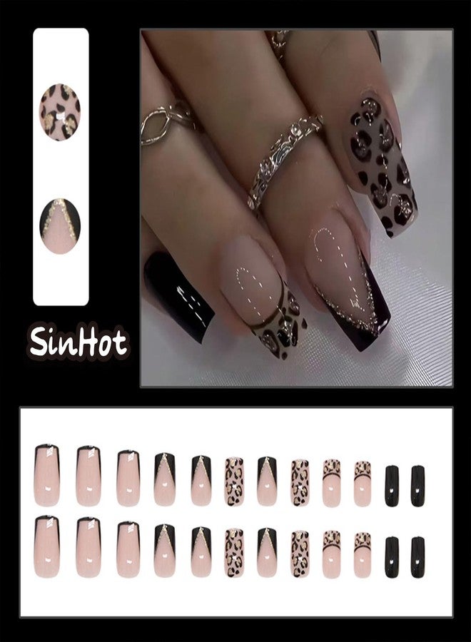 SINHOT Press on Nails - Short Square Fake Nails, Glossy Finish, Black French Tip & Cheetah, DIY Artificial False Nail Art - 24 Pcs Nail Kit with Glue - Image 2